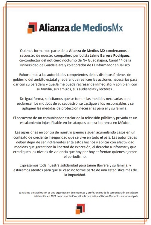 Alianza de Medios MX exige aparezca con vida el periodista Jaime Barrera