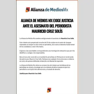 La Alianza de Medios Mx condena el asesinato del periodista Mauricio Cruz Solís