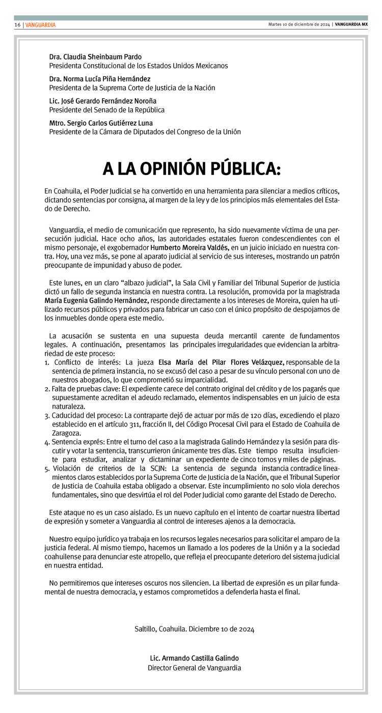 Vanguardia acusa hostigamiento Judicial contra la Libertad de Expresión