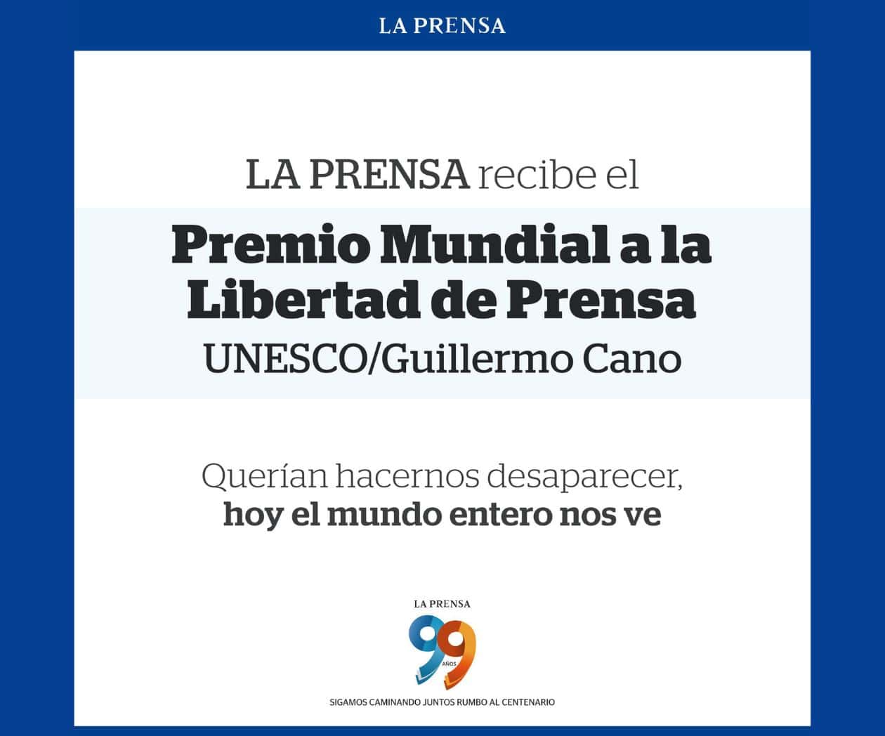 La Prensa de Nicaragua recibe el Premio Mundial UNESCO/Guillermo Cano 2025 a la Libertad de Prensa