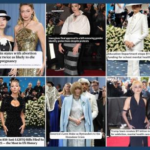 Met Gala en el Apocalipsis, el colectivo SYSCA capta la atención en la pasarela con cifras incómodas