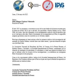 Asociaciones de prensa exigen a la fiscal de Perú avances en los asesinatos de dos periodistas en 2025