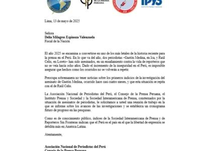 Asociaciones de prensa exigen a la fiscal de Perú avances en los asesinatos de dos periodistas en 2025