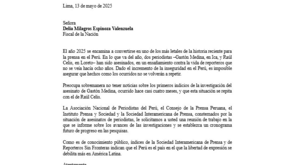 Asociaciones de prensa exigen a la fiscal de Perú avances en los asesinatos de dos periodistas en 2025