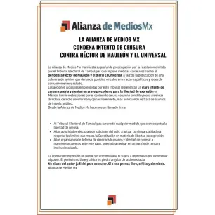 La Alianza de Medios Mx condena intento de censura contra Héctor de Mauleón y El Universal