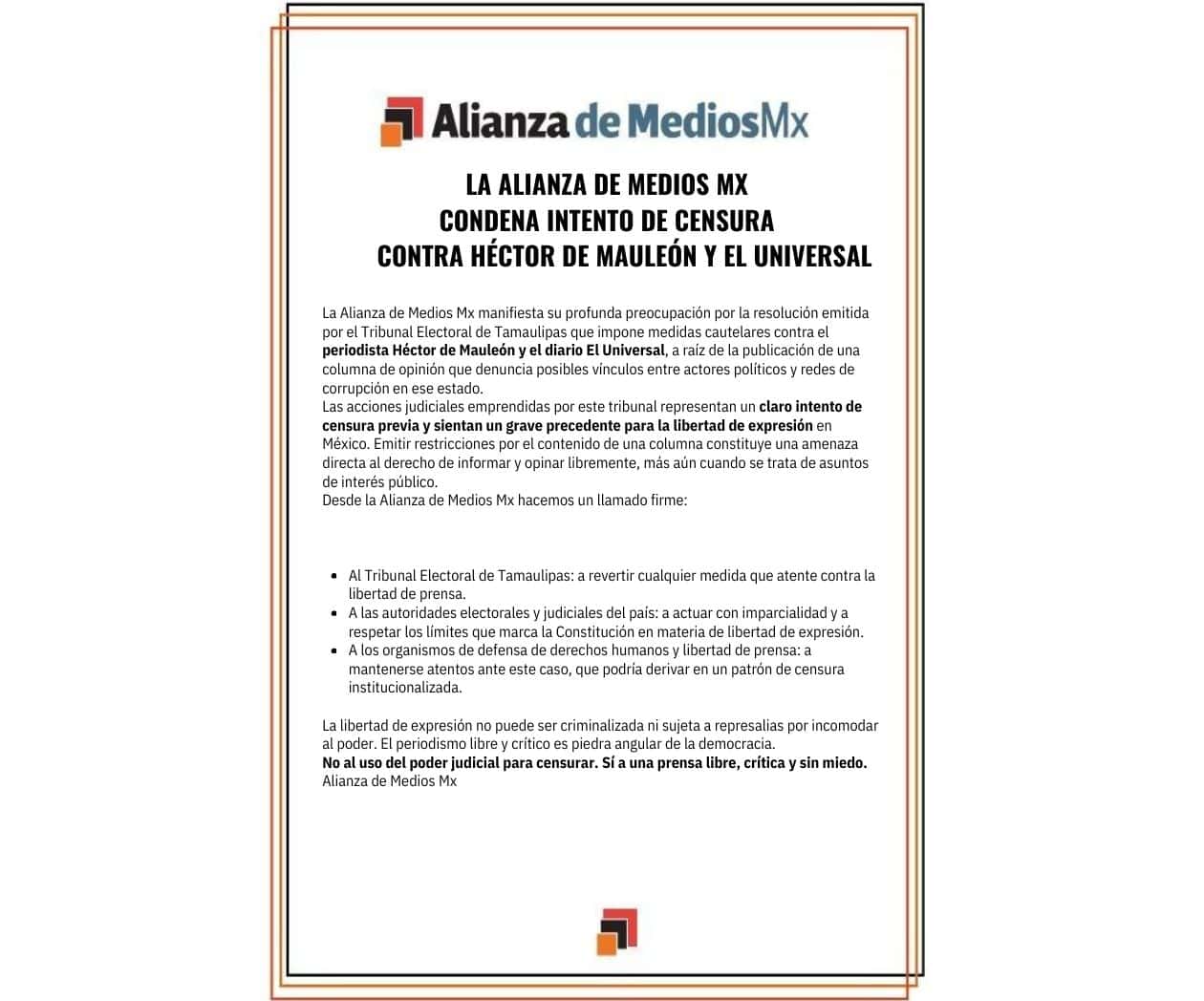 La Alianza de Medios Mx condena intento de censura contra Héctor de Mauleón y El Universal