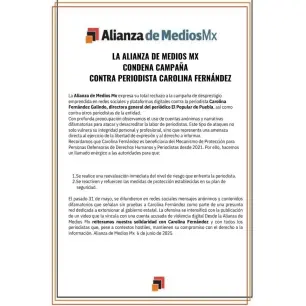 La Alianza de Medios Mx reitera su firme rechazo a la campaña de desprestigio contra Carolina Fernández