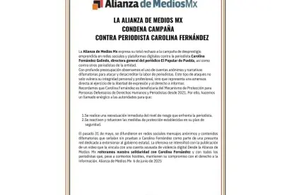 La Alianza de Medios Mx reitera su firme rechazo a la campaña de desprestigio contra Carolina Fernández