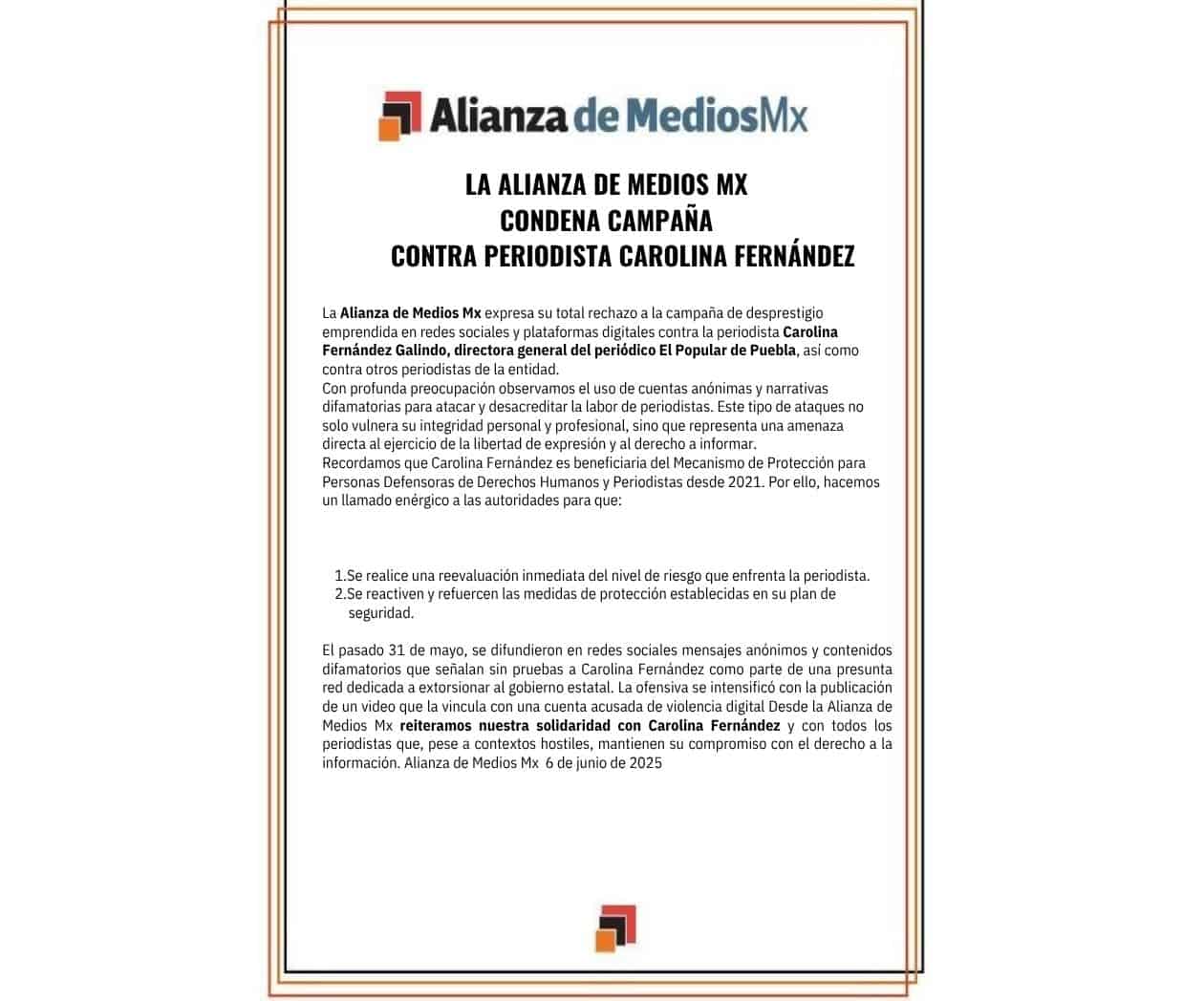 La Alianza de Medios Mx reitera su firme rechazo a la campaña de desprestigio contra Carolina Fernández