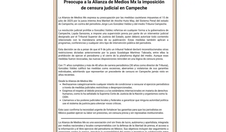 Preocupa a la Alianza de Medios Mx la imposición de censura judicial en Campeche