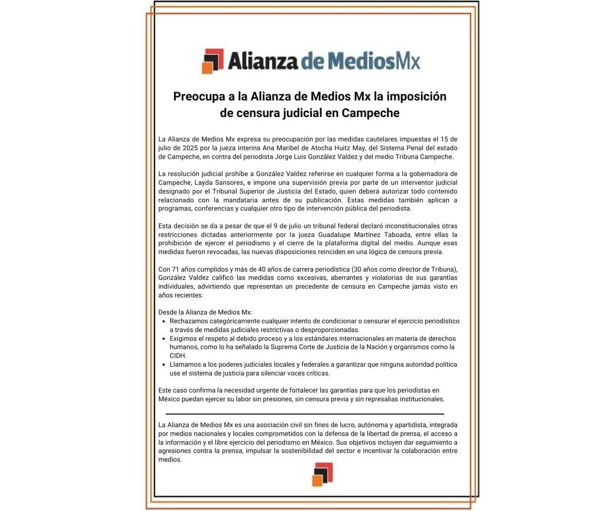 Preocupa a la Alianza de Medios Mx la imposición de censura judicial en Campeche