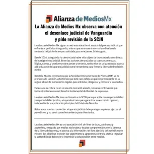 La Alianza de Medios Mx observa con atención el desenlace judicial de Vanguardia y pide revisión de la SCJN