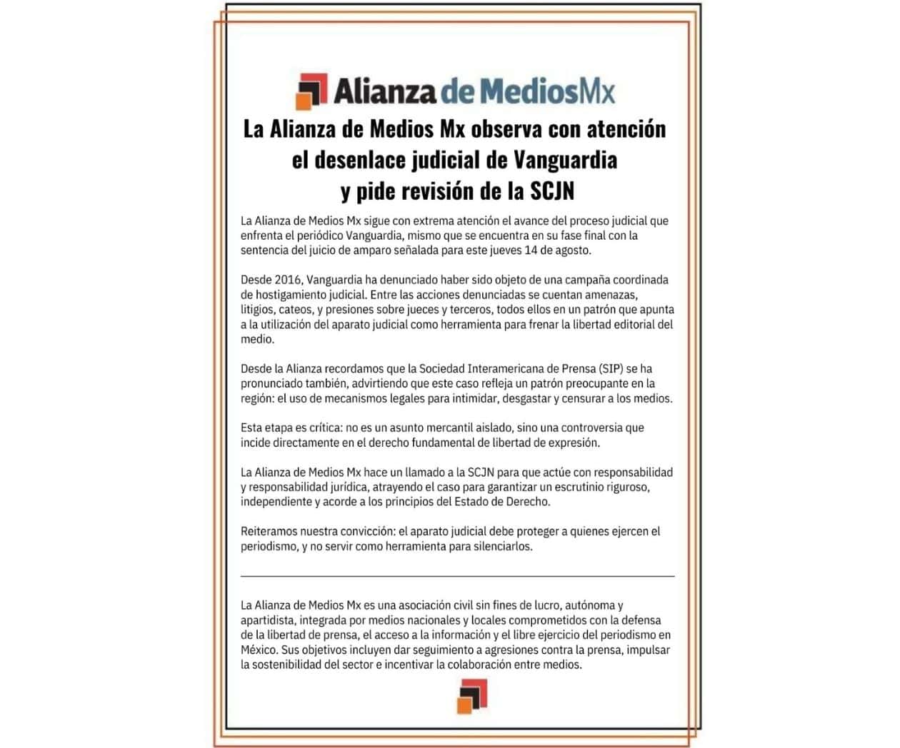 La Alianza de Medios Mx observa con atención el desenlace judicial de Vanguardia y pide revisión de la SCJN