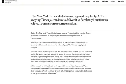 Demanda New York Times a Perplexity AI por uso indebido de su contenido periodístico