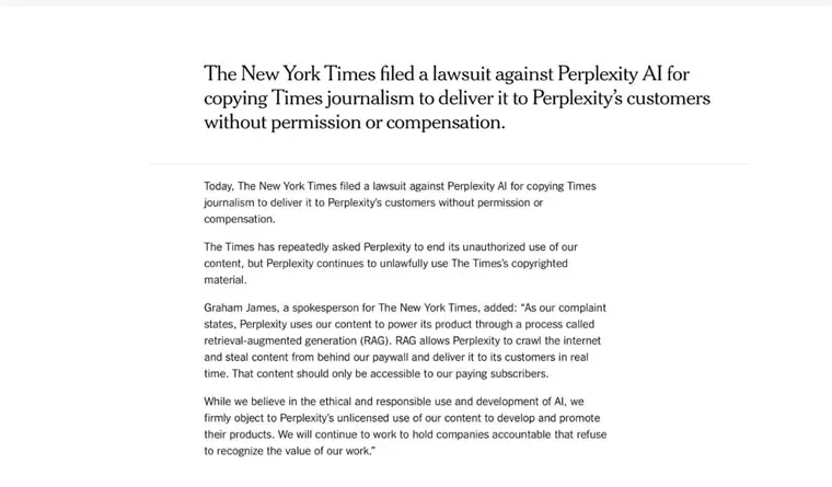 Demanda New York Times a Perplexity AI por uso indebido de su contenido periodístico