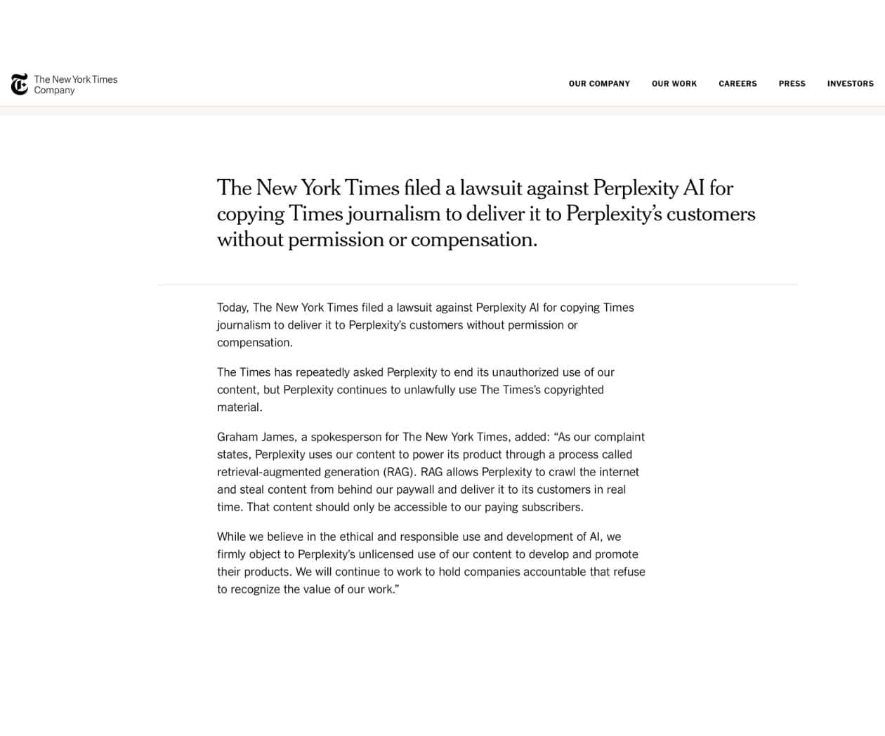 Demanda New York Times a Perplexity AI por uso indebido de su contenido periodístico