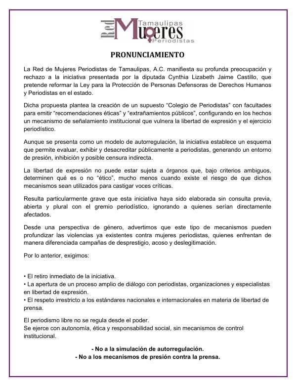 Red de Mujeres Periodistas de Tamaulipas rechaza “Colegio de Periodistas” por riesgo a la libertad de expresión