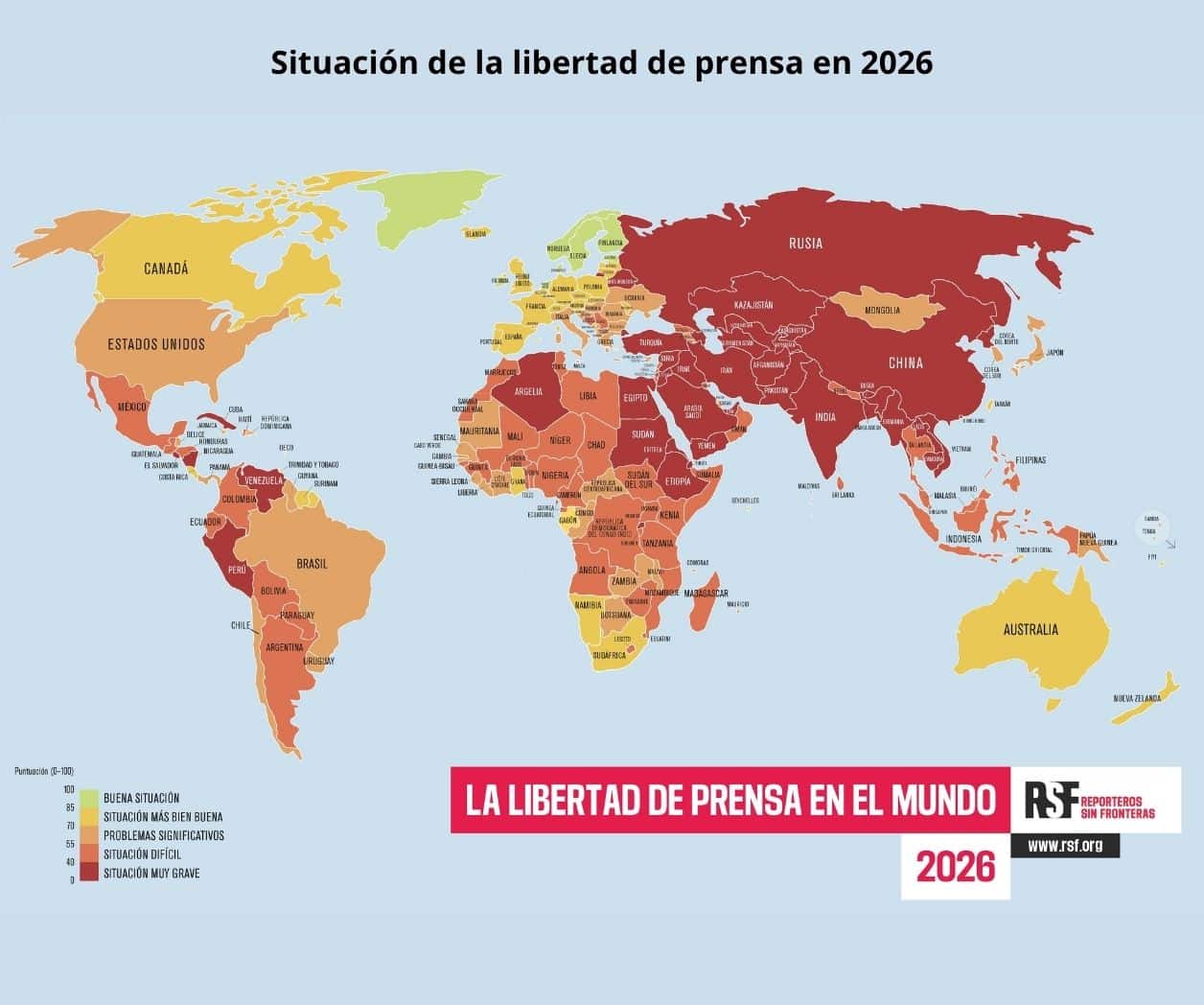 Índice Mundial de Libertad de Prensa 2026, en su peor nivel en 25 años: RSF