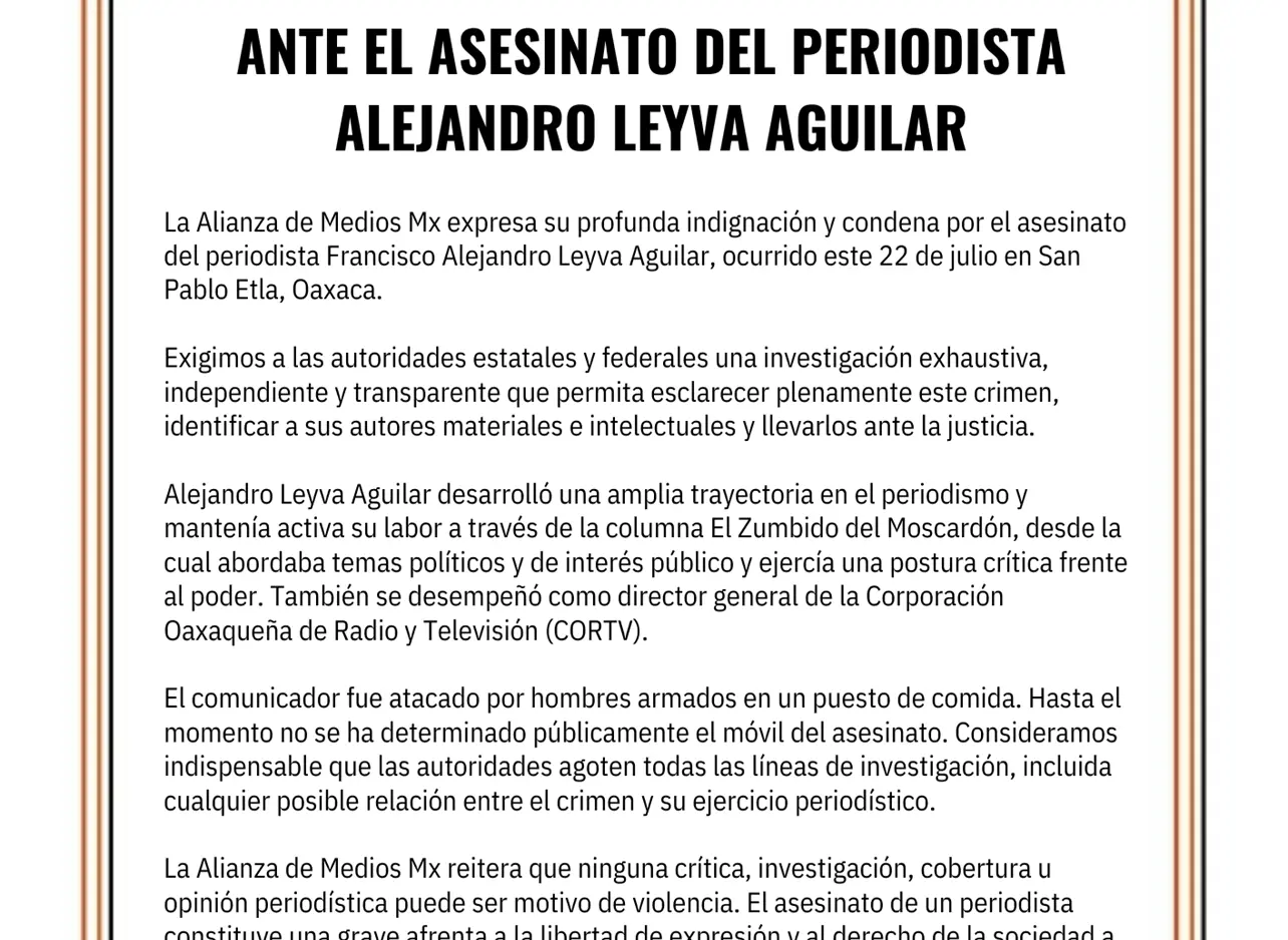 Alianza de Medios Mx exige esclarecer el asesinato del periodista Alejandro Leyva Aguilar Alianza de Medios Mx exige esclarecer el asesinato del periodista Alejandro Leyva Aguilar