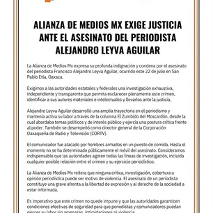 Alianza de Medios Mx exige esclarecer el asesinato del periodista Alejandro Leyva Aguilar