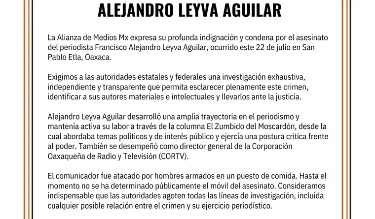 Alianza de Medios Mx exige esclarecer el asesinato del periodista Alejandro Leyva Aguilar