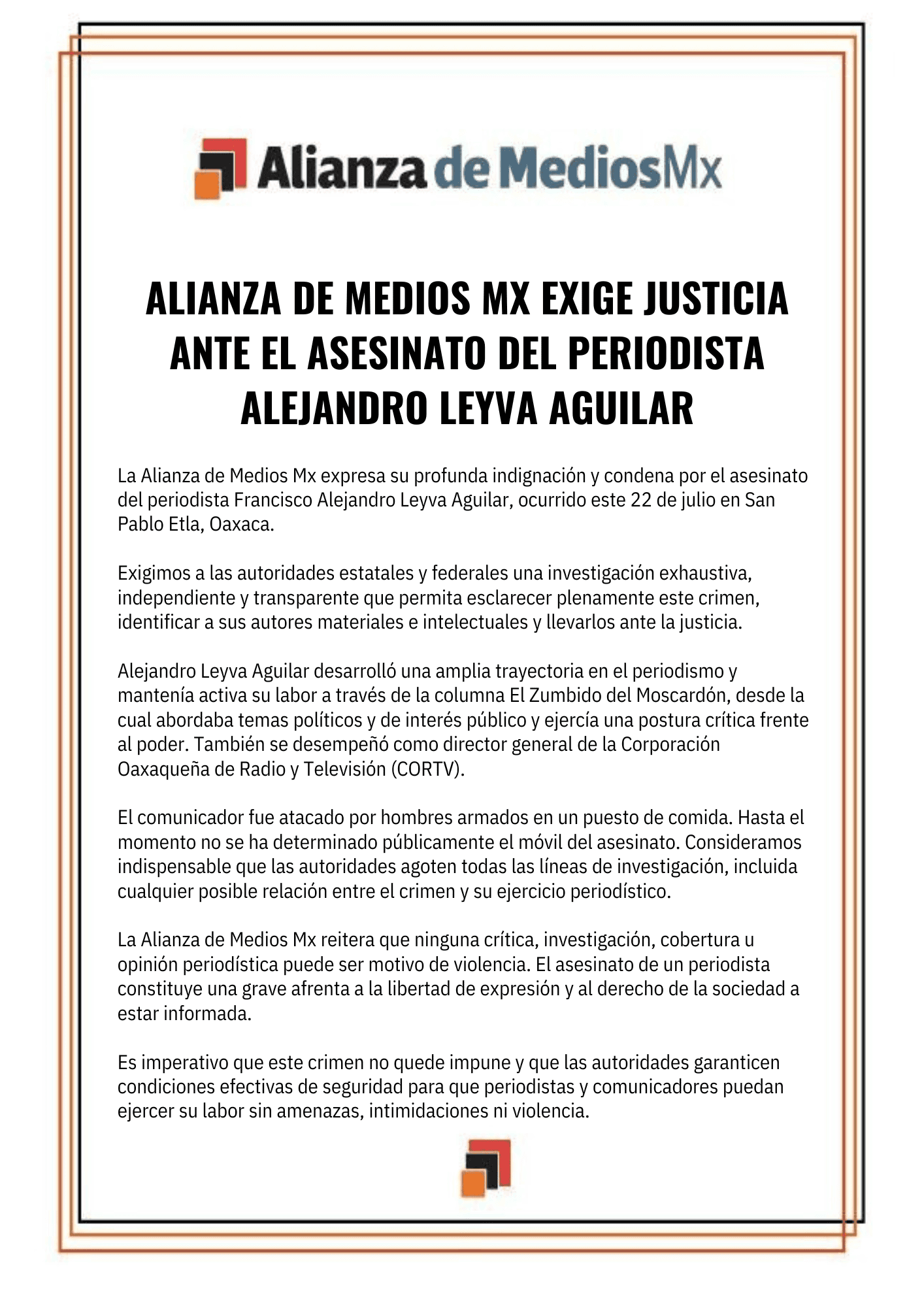 Alianza de Medios Mx exige esclarecer el asesinato del periodista Alejandro Leyva Aguilar