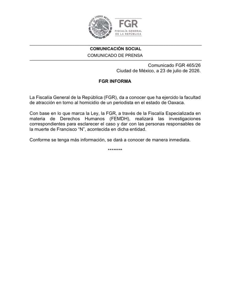 FGR atrae investigación por asesinato del periodista Alejandro Leyva Aguilar en Oaxaca