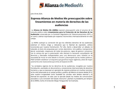 Expresa Alianza de Medios Mx preocupación sobre lineamientos en materia de derechos de las audiencias